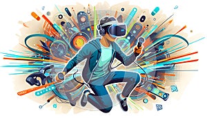 Jumping Virtual Reality Player Surrounded By Explosive Futuristic Energy