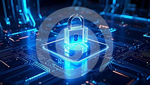 Cyber Security Lock on Futuristic Microchip AI Data Protection Digital Encryption Technology Background Artificial Intelligence
