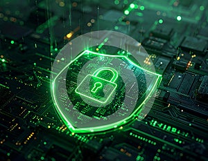 Green Cybersecurity Shield Protecting Digital Data and Network Security