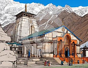 AI generated illustration of Shree Kedarnath Temple with mountains in the background