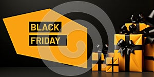 AI generated illustration of a sign with 'Black Friday' text and yellow gift boxes with ribbons