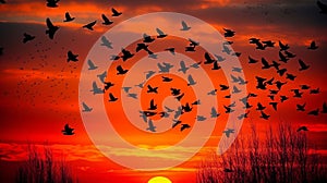 AI generated illustration of the silhouette a flock of birds flying on the background of the sunset