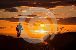 AI generated illustration of a silhouette of a man with a bicycle on a road at sunset