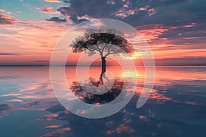 AI generated illustration of a silhouetted lone tree against sunset on a lake