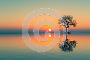 AI generated illustration of a silhouetted lone tree against sunset on a lake