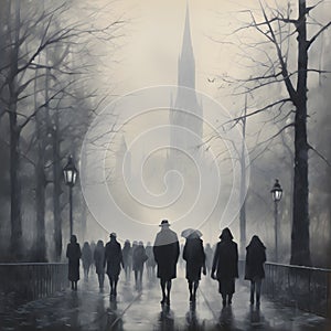AI generated illustration of silhouettes of people on a gloomy road near a church tower