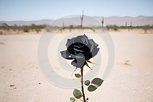AI generated illustration of a single, beautiful black rose blooming in a desert landscape