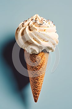 AI generated illustration of a single white ice cream cone with a scoop of creamy vanilla