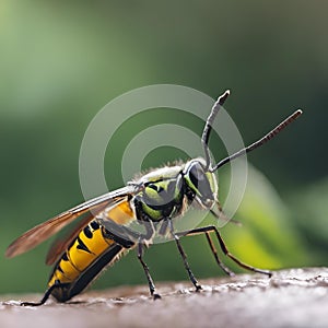 AI generated illustration of a sizable insect perched on a rustic wooden surface