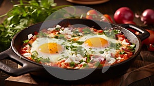 AI generated illustration of a skillet filled with vegetables and eggs cooked in a delicious sauce