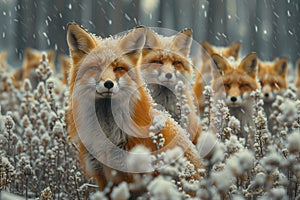 AI-generated illustration of A skulk of foxes in a snowy field