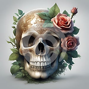 AI-generated illustration of a skull adorned with pink roses