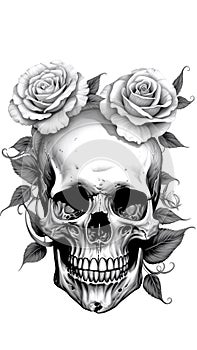 AI generated illustration of a skull surrounded by roses.