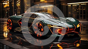 AI generated illustration of a sleek, green sports car with orange wheels parked on a city street