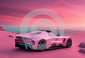 AI generated illustration of a sleek pink sports car parked on the beach in front of a pink sunset