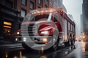AI generated illustration of a sleek red fire truck driving down a street