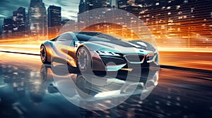 AI generated illustration of a sleek silver BMW sports car driving along a city street at night