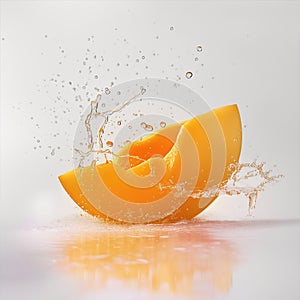 AI-generated illustration of a slice of mango with splashing water