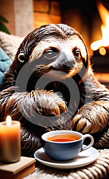 AI generated illustration of a sloth relaxing at home