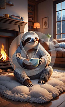 AI generated illustration of a sloth relaxing at home