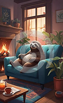 AI generated illustration of a sloth relaxing at home