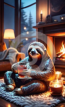 AI generated illustration of a sloth relaxing at home