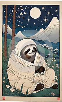 AI generated illustration of a sloth relaxing on a meadow at night