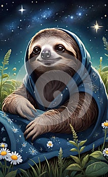 AI generated illustration of a sloth relaxing on a meadow at night