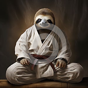 AI generated illustration of a sloth wearing a karate gi, perched in a sitting position