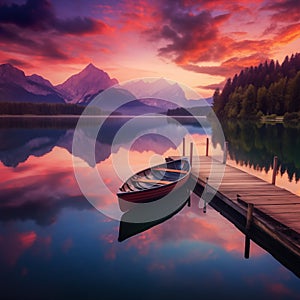 AI generated illustration of a small boat tied to a dock with a picturesque lake in the background