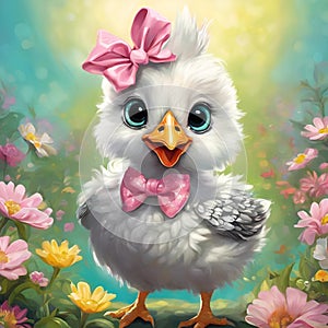 AI generated illustration of a small chicken with a pink bow tie and vibrant green eyes