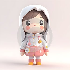 AI generated illustration of a small cute female doll figurine with a white pink rainjacket