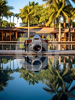 AI-generated illustration of a small digital camera submerged in a pool of clear water
