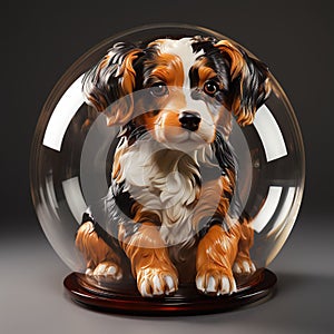 AI generated illustration of A small figurine of a puppy is encased in a glass globe