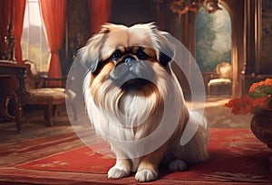 AI generated illustration of a small Pekines dog sitting on a floor photo