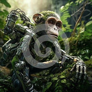 AI generated illustration of a small robotic monkey in a lush green forest