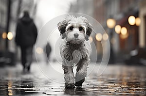 AI generated illustration of A small white dog walking in the rain on a dark street