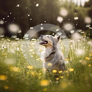 AI generated illustration of a smiling canine companion in a lush green meadow