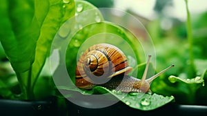 AI generated illustration of a snail perched on the edge of a green leaf