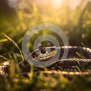 AI generated illustration of a snake in a grassy field, looking out into the distance