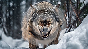 AI generated illustration of a snarling dangerous gray wolf in a snowy forest