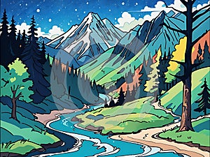 AI generated illustration of snowclad mountain peaks with a river meandering through a green valley photo