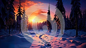 AI generated illustration of a snowy forest at sunrise with trees covered in snow