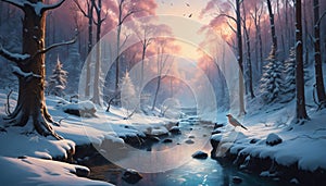 AI generated illustration of a Snowy winter scene of a stream in the woods with birds in flight