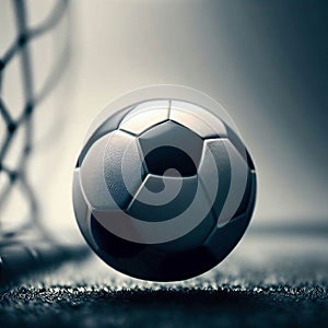 AI generated illustration of a soccer ball near the goal gate in a dark environment