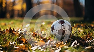 AI generated illustration of a soccer ball perched on a pile of fallen autumn leaves
