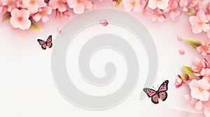 Ai generated illustration of a soft pink background with blossoming flowers and butterflies