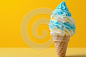 AI generated illustration of a soft-serve ice cream in a crisp cone, swirled with a dreamy blue hue