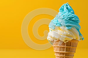 AI generated illustration of a soft-serve ice cream in a crisp cone, swirled with a dreamy blue hue