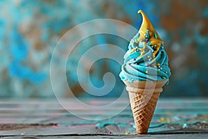 AI generated illustration of a soft-serve ice cream in a crisp cone, swirled with a dreamy blue hue